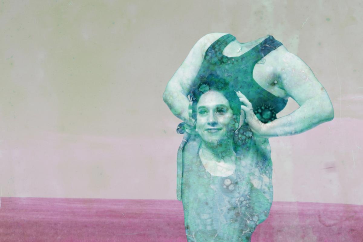 still from Kelly Sears film. Woman holding her head by her waist