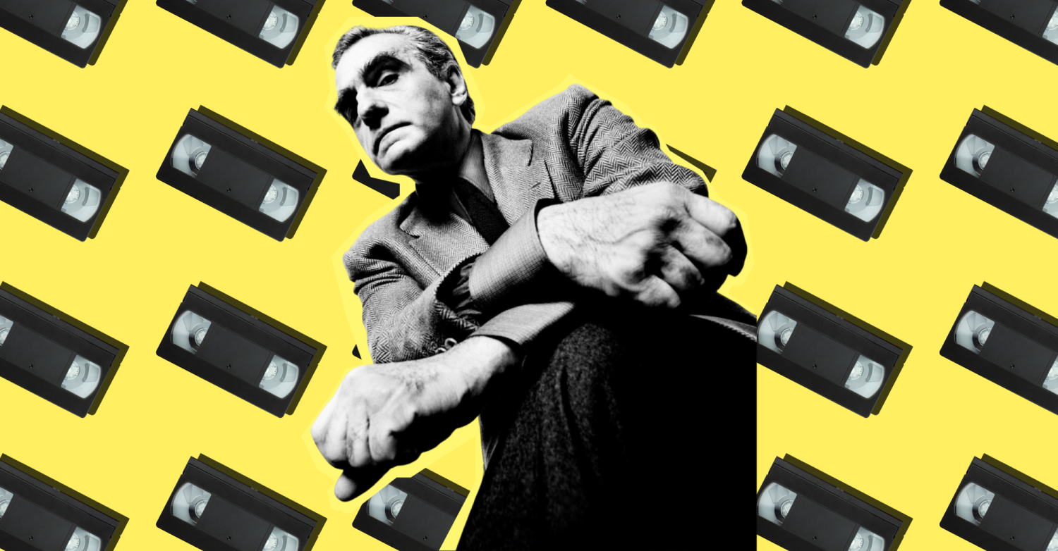 Scorsese in front of VHS tapes