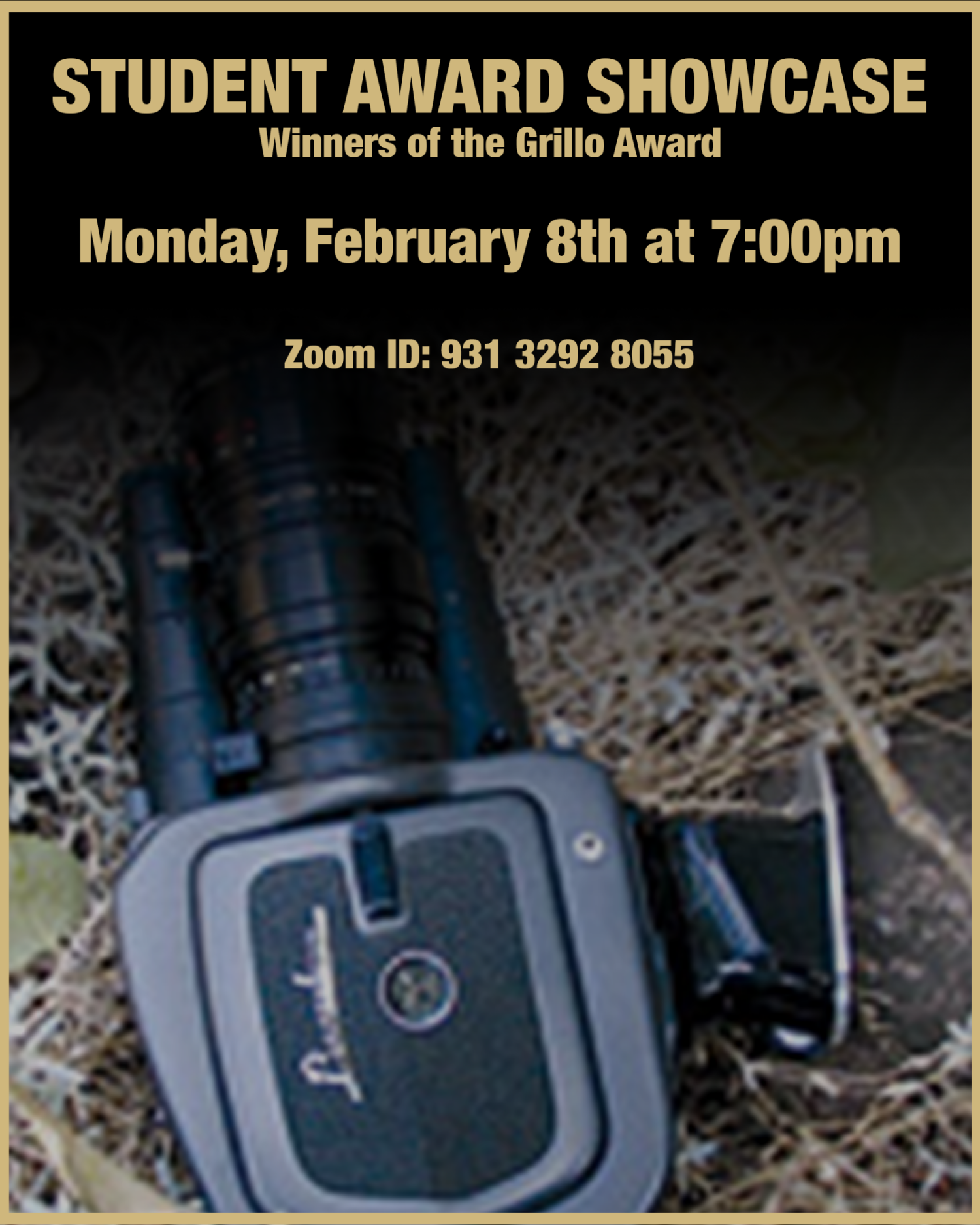 Grillo showcase flyer showing a film camera and event details. Monday February 8th at 7:00 pm