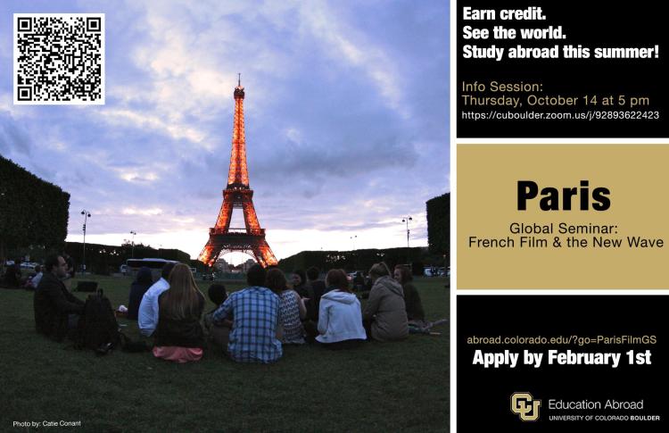Group of students sitting on the ground near the Eiffel Tower, QR code link on the sidebar with date and time of zoom invite