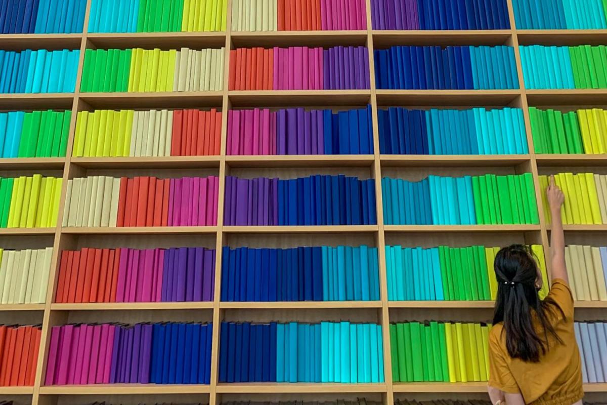 photo of a student reaching up shelves of rainbow colored books (photo by Agustin Gunawan on Unsplash)