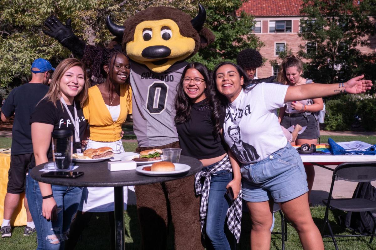 Students at CUnity Fest with Chip, CU Boulder's mascot