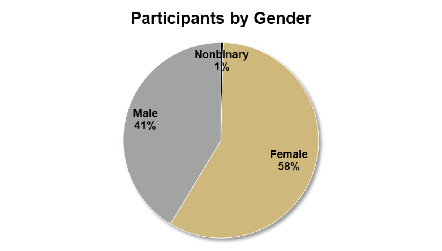 Pie chart showing first-gen program participants by Gender - (58%) female, (41%) male, (1%) nonbinary participants