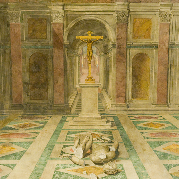 "triumph of christianity" by rafael depicting a crucifix in place of a toppled statue, Michal Osmenda from Brussels, Belgium, CC BY-SA 2.0 <https://creativecommons.org/licenses/by-sa/2.0>, via Wikimedia Commons