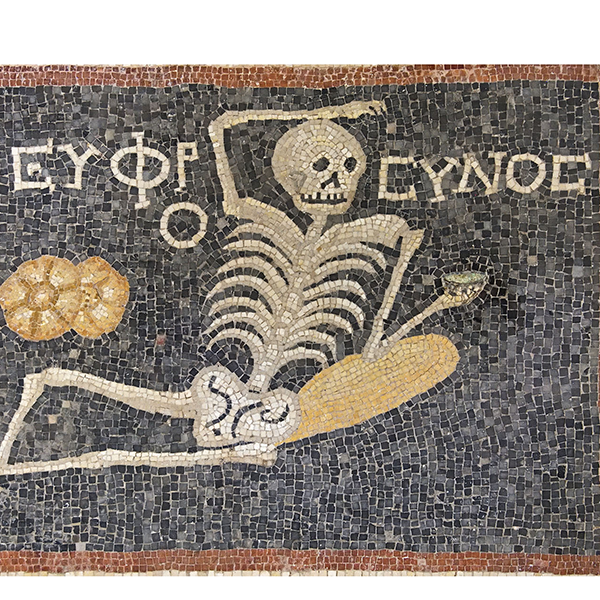 mosaic of a skeleton with an exhortation to cheer up, Dosseman, CC BY-SA 4.0 <https://creativecommons.org/licenses/by-sa/4.0>, via Wikimedia Commons
