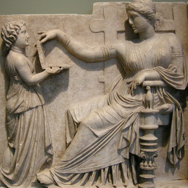 gravestone of a woman with her slave-child attendant, I, Sailko, CC BY-SA 3.0 <https://creativecommons.org/licenses/by-sa/3.0>, via Wikimedia Commons