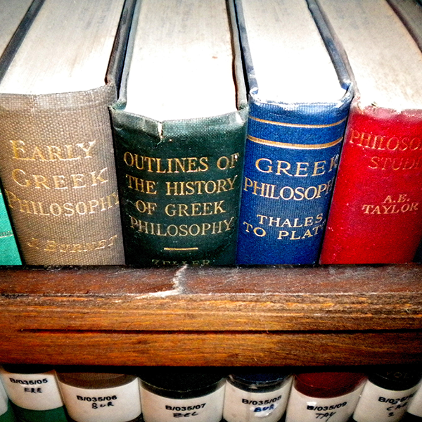 row of brightly colored philosophy books, Limor Noah, CC BY-SA 4.0 <https://creativecommons.org/licenses/by-sa/4.0>, via Wikimedia Commons