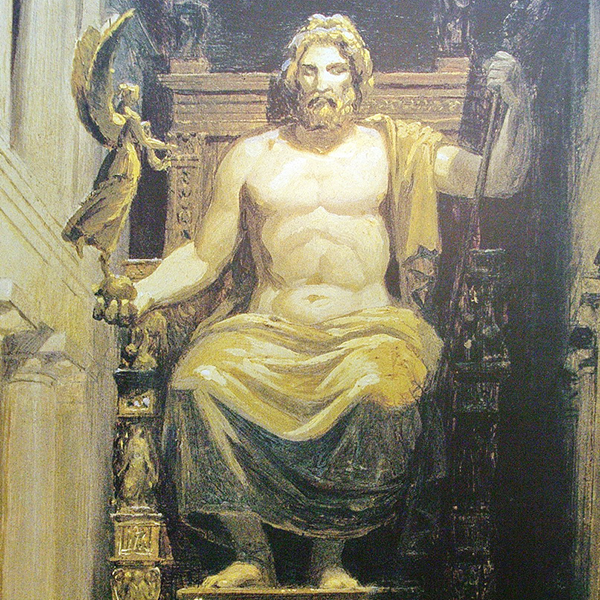 painting of greek statue of zeus, User: Bgabel at wikivoyage shared, CC BY-SA 3.0 <https://creativecommons.org/licenses/by-sa/3.0>, via Wikimedia Commons