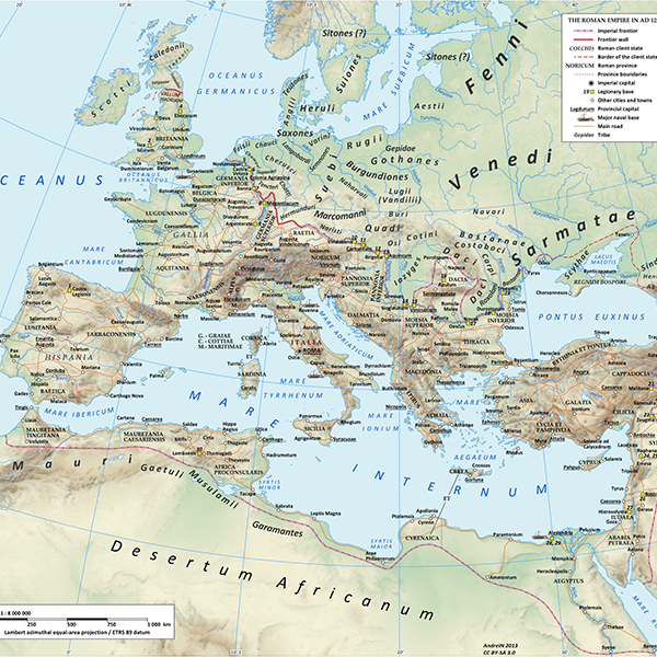 map of the mediterrarnean of 125 ce, User:Andrein, CC BY-SA 3.0 <https://creativecommons.org/licenses/by-sa/3.0>, via Wikimedia Commons
