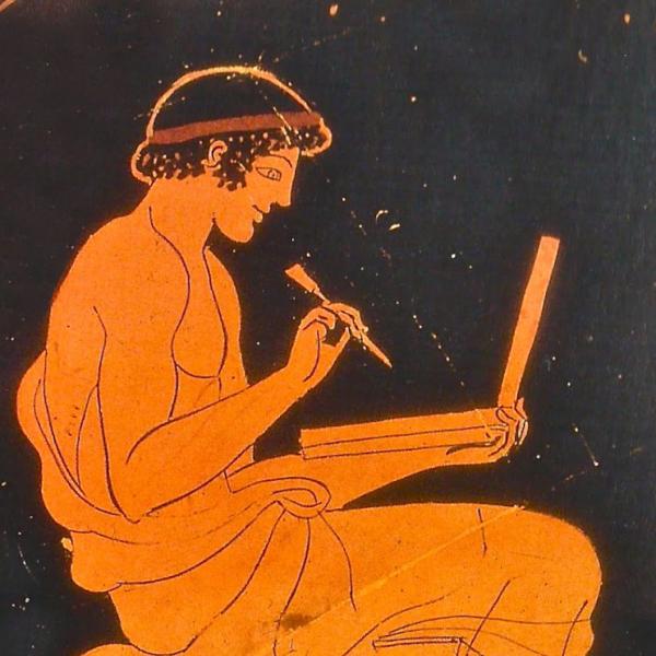 greek vase painting of man writing on a tablet