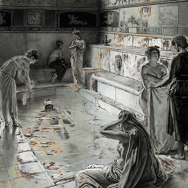 women bathing in a roman bath, Fortunino Matania, CC BY 4.0 <https://creativecommons.org/licenses/by/4.0>, via Wikimedia Commons