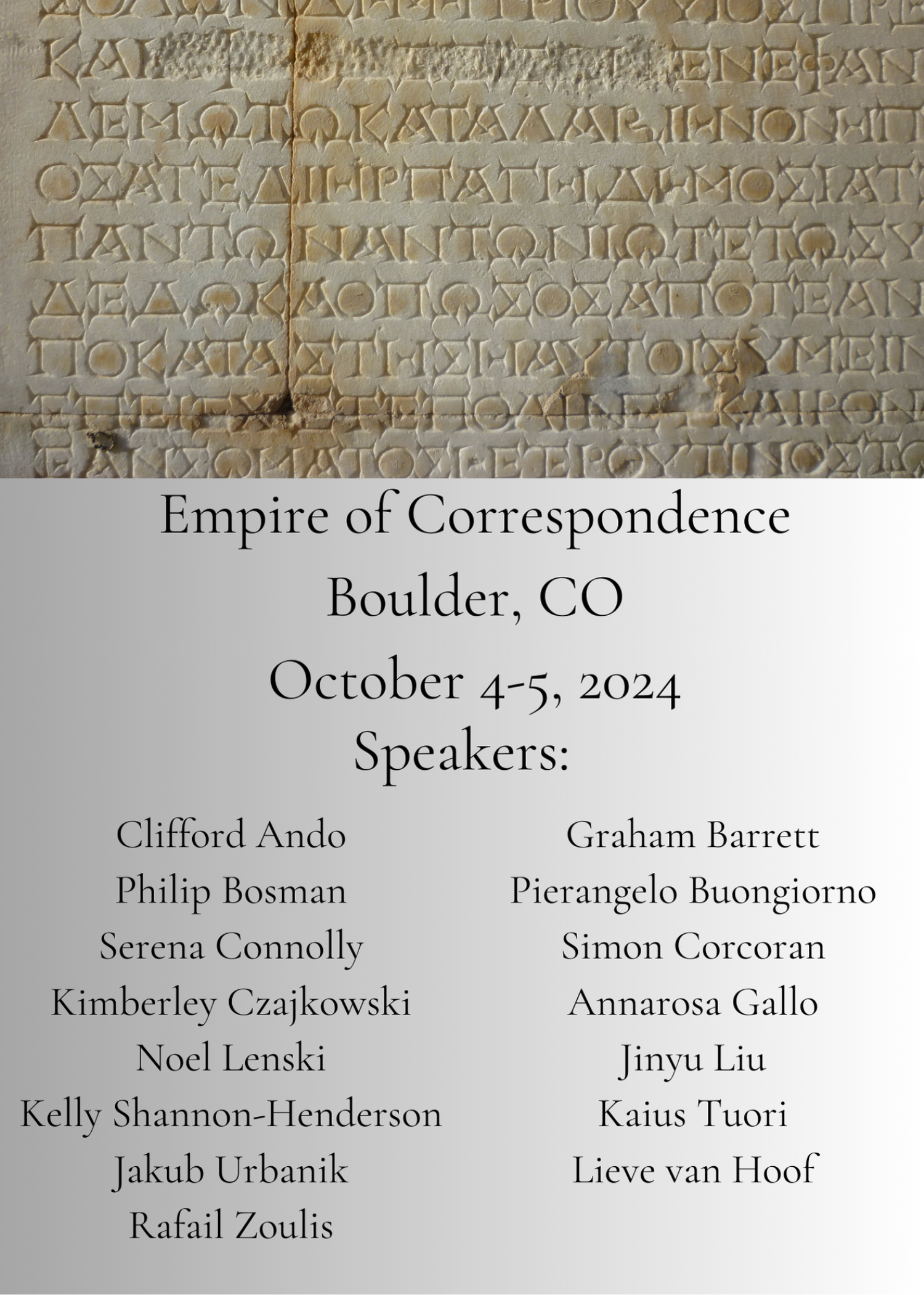 Empire of Correspondence Oct 4-5 2024, poster with List of speakers
