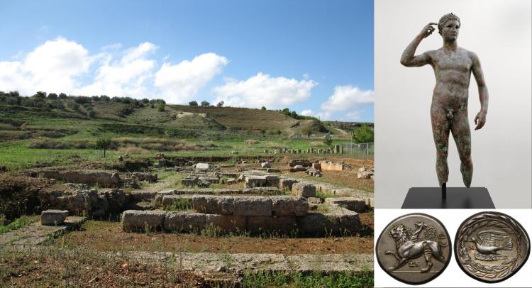 Picture of city of Sikyon, a Roman statue, and Roman coins