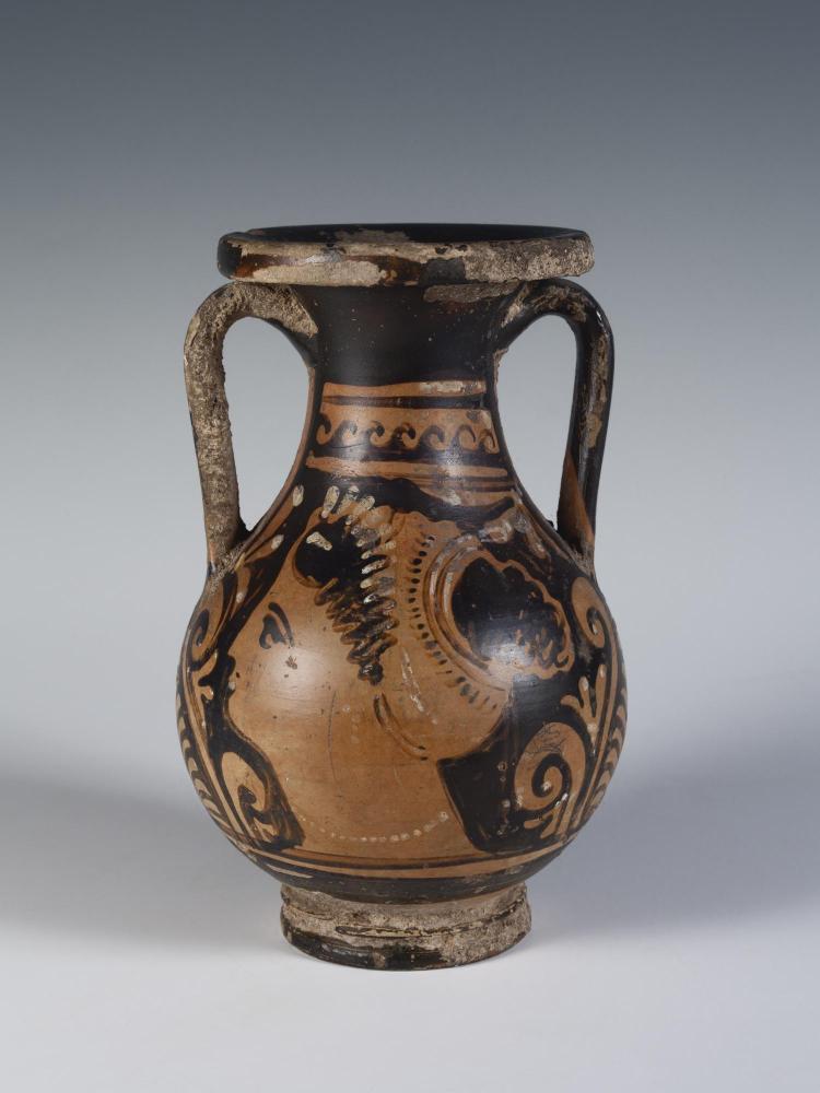 Photograph of red-figure pelike, from side against neutral gray background.