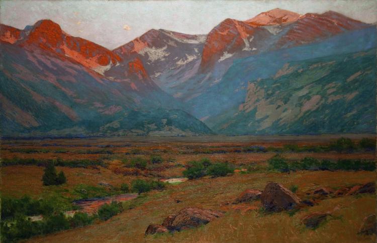 Charles Partridge Adams, American (1858 – 1942), Sunrise on the Mountains at the Head of Moraine Park, Near Estes Park, Colorado, c. 1920, oil paint on canvas, 48 x 68 ¼ x 3 inches framed. Gift of Philip, Albert, and Charles P. Adams Jr., sons of the late Charles Partridge Adams, CU Art Museum, University of Colorado Boulder, 86.1825. Photo: Jeff Wells, © CU Art Museum, University of Colorado Boulder
