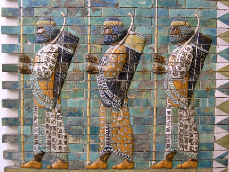 Image of ancient Roman mosaic of men standing with spears