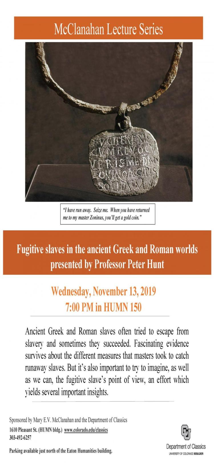 Ancient inscripted necklace with poster including Lecture information and description
