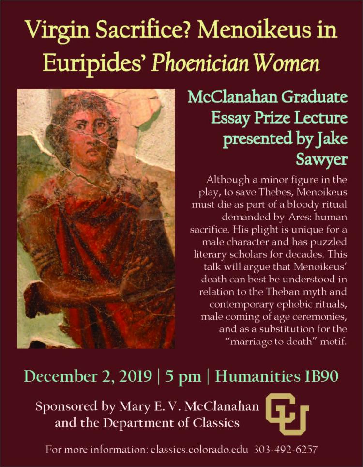 McClanahan Lecture poster with Menoikeus pictured in a red robe