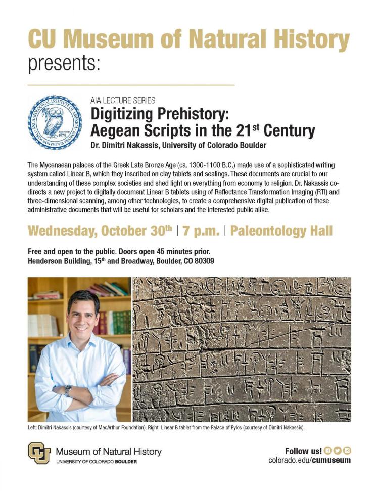 CU Museum of Natural History presents: AIA Lecture Series flyer with photo of professor and Linear B Tablet