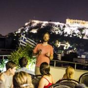 Jason Pedicone speaking to a group of students in Greece