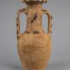 Photograph of yellowish-tan-colored amphora against neutral gray background.