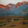 Charles Partridge Adams, American (1858 – 1942), Sunrise on the Mountains at the Head of Moraine Park, Near Estes Park, Colorado, c. 1920, oil paint on canvas, 48 x 68 ¼ x 3 inches framed. Gift of Philip, Albert, and Charles P. Adams Jr., sons of the late Charles Partridge Adams, CU Art Museum, University of Colorado Boulder, 86.1825. Photo: Jeff Wells, © CU Art Museum, University of Colorado Boulder