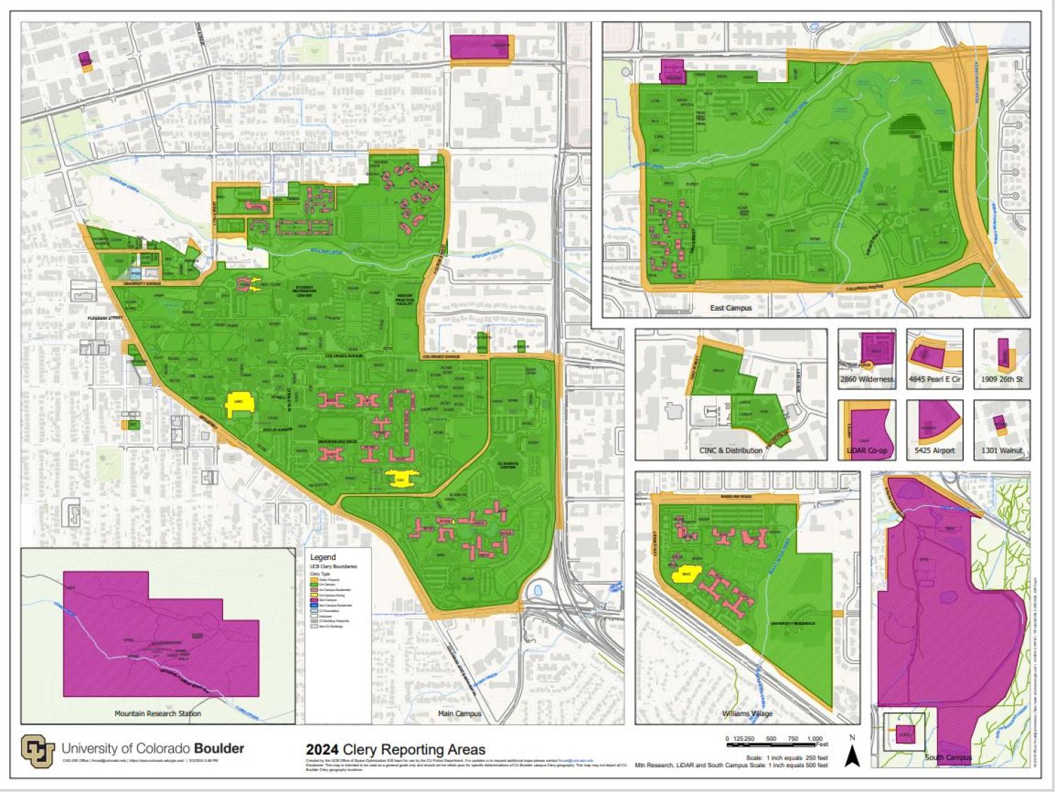 2024 CU Boulder Campus Map with outlining the border of property CU Boulder owns or controls.