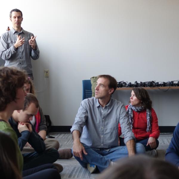 Ernst Karel (background) and Helen Mirra (foreground) hold a workshop in sound ethnography for DCMP students and faculty in February 2016.