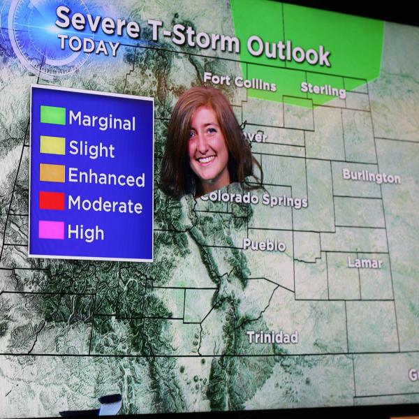 Katie Pickrell checks out the green screen on set at CBS 4 in Denver.