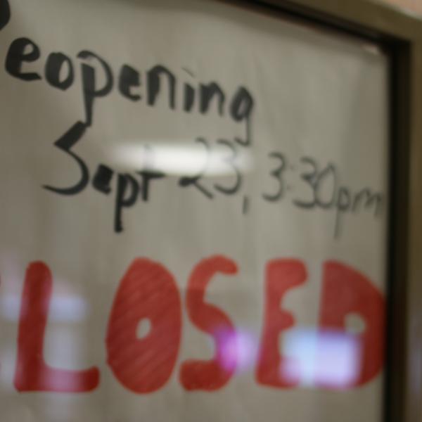 A sign informs students of the new creative room's opening.