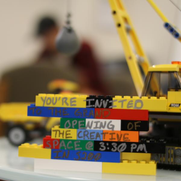 A message on Legos welcomes all to the new room