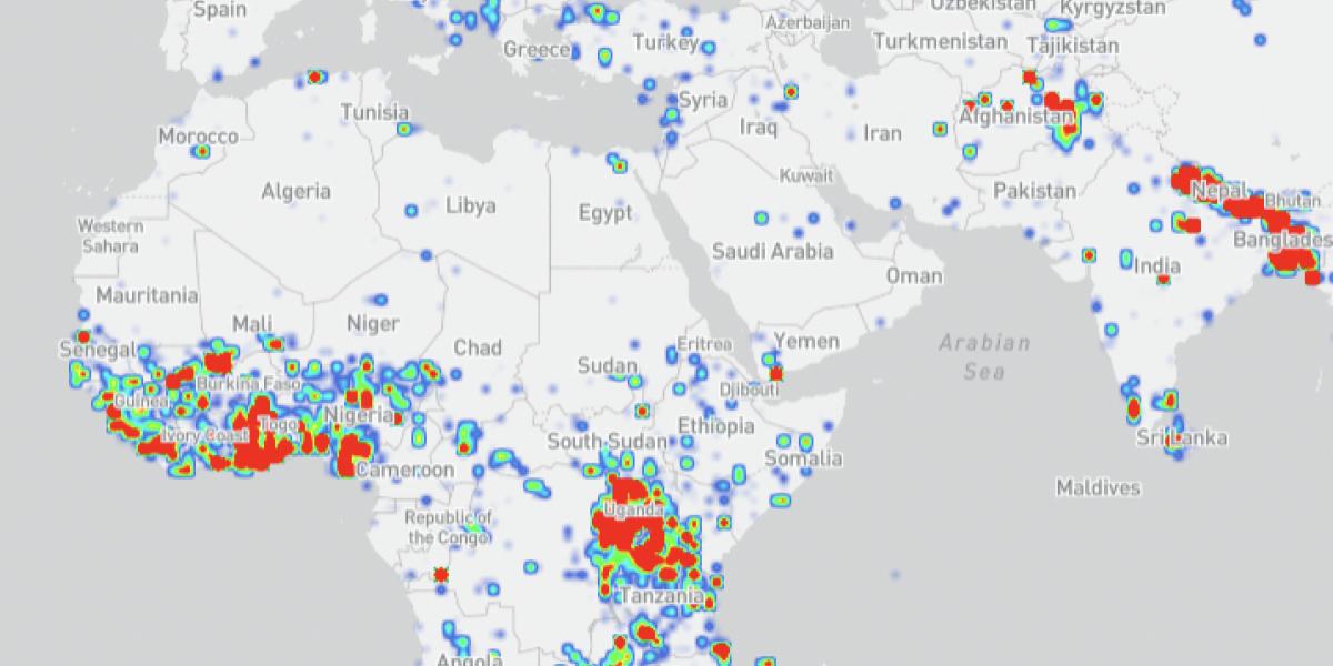Part of a world map with data showing most of Africa, the Middle East, part of Europe and Asia.
