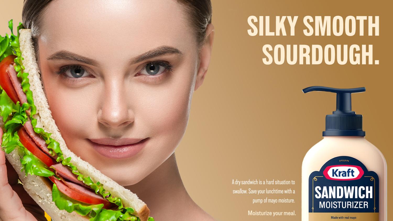 A concept billboard featuring a woman holding a sandwich.