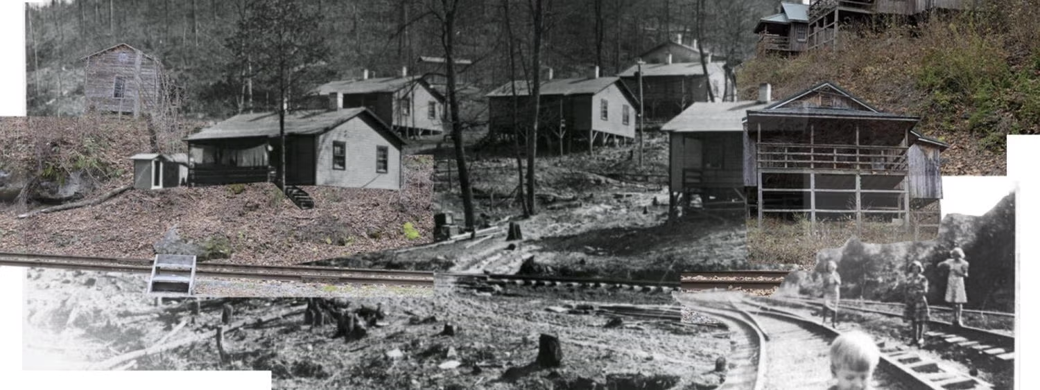 collage of old homes and children on train tracks