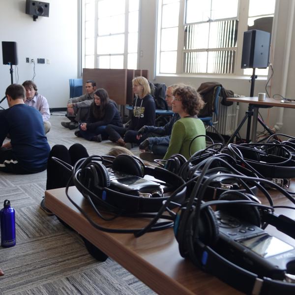 Helen Mirra holds a workshop in sound ethnography for DCMP students and faculty in February 2016.
