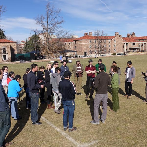 DCMP students and faculty participate in a workshop on sound ethnography held by Ernst Karel and Helen Mirra in February 2016.