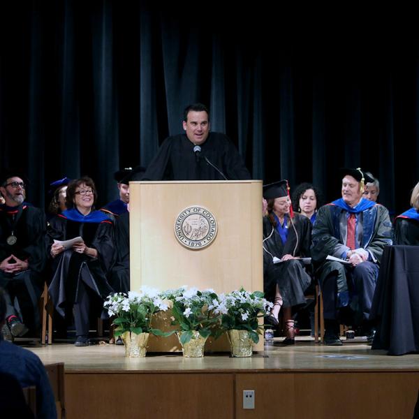 Alumnus, Chris Vanderveen, delivers the commencement address.