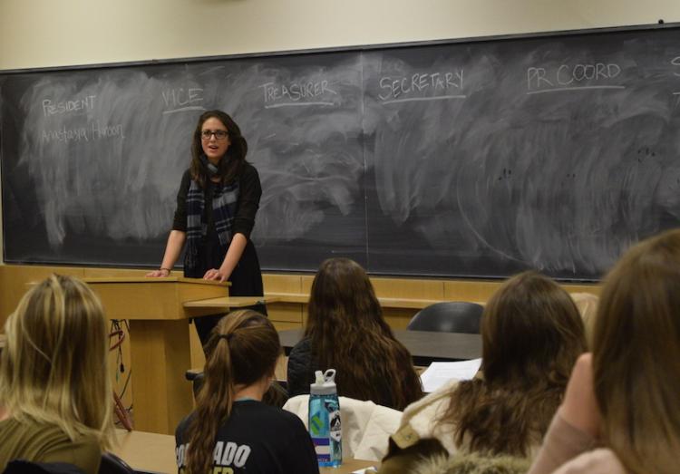 Anastasia Hanson addresses her peers at the PRSSA chapter elections.