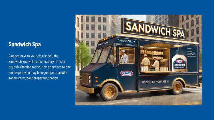 Student advertisement featuring a food truck called "Sandwich Spa"