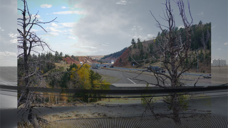 A photo of a highway taken from inside of a car. The photo has another photo overlayed of trees commonly found in the mountains, seemingly growing out of the dashboard.