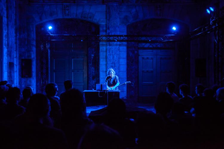 In June, installation artist and Associate Professor Michael Theodore performed with sound artist Francisco López at the Issue Project Room in Brooklyn, New York. Above, Theodore performs electric guitar and electronics during the sold-out event, which earned a Critic’s Pick by The New York Times. Photo by Brooke Biondi courtesy of the ISSUE Project Room.