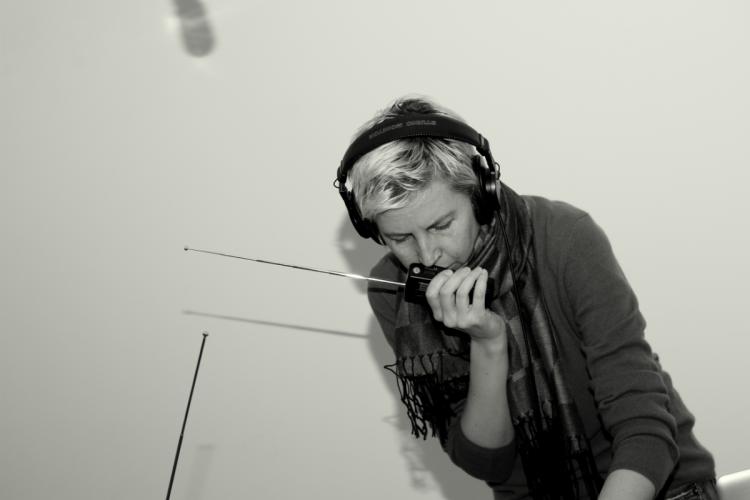 Anna Friz with walkie talkie