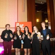 Strategic communication students Chase Willie, Ashley Schoenbauer, Laurette Selleck and Jordan Altergott (right to left) show off their awards with CU Denver student Ethan Lien (far left). The group of five won two bronze medals during the Denver One Show ceremony for their projects, "Dad Up" and "Duolingo Uncensored."