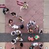 Overhead photo of a group of students at orientation.