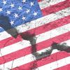 Cracked sidewalk with flag