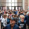 Crowds of students stream into the UMC building.