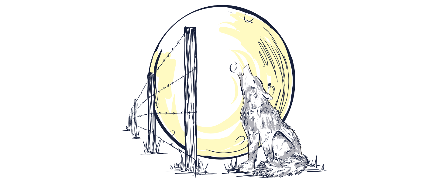 wolf howling at the moon in front of a fence