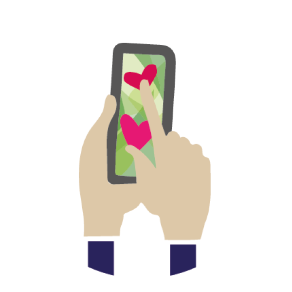 Hands holding a phone with hearts on the screen