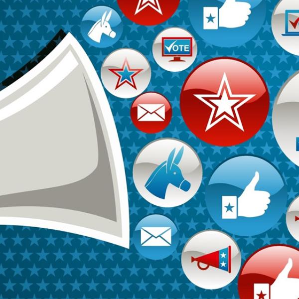 Megaphone with illustrations of political digital icons.