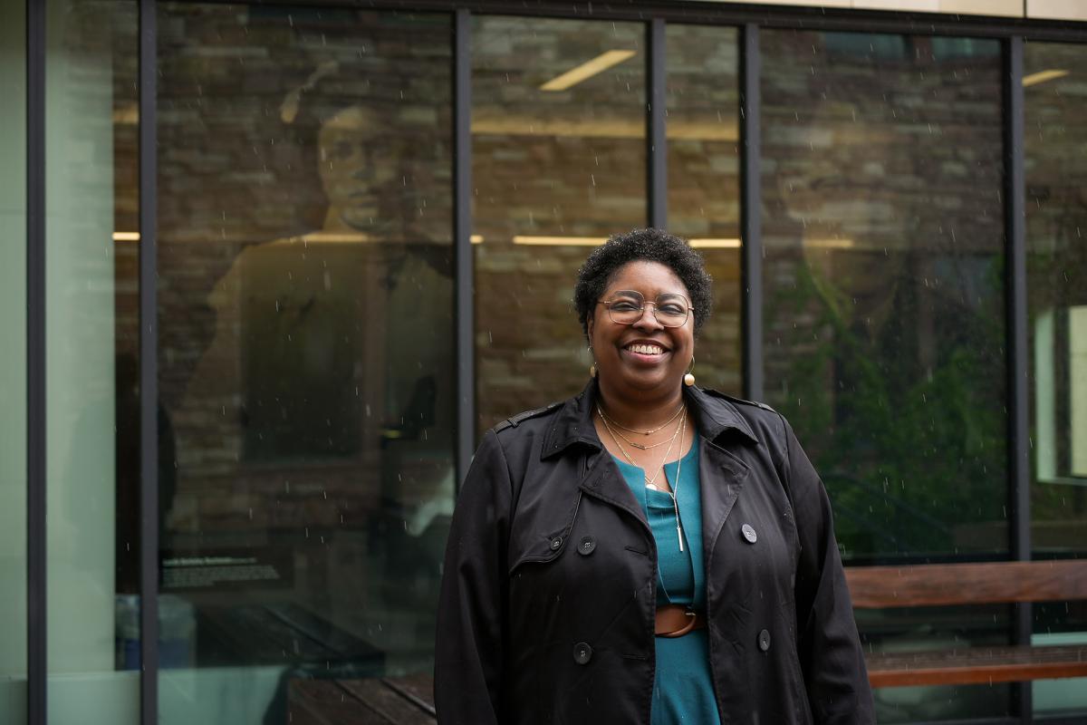 Shamika Klassen outside the CASE building on the CU campus.